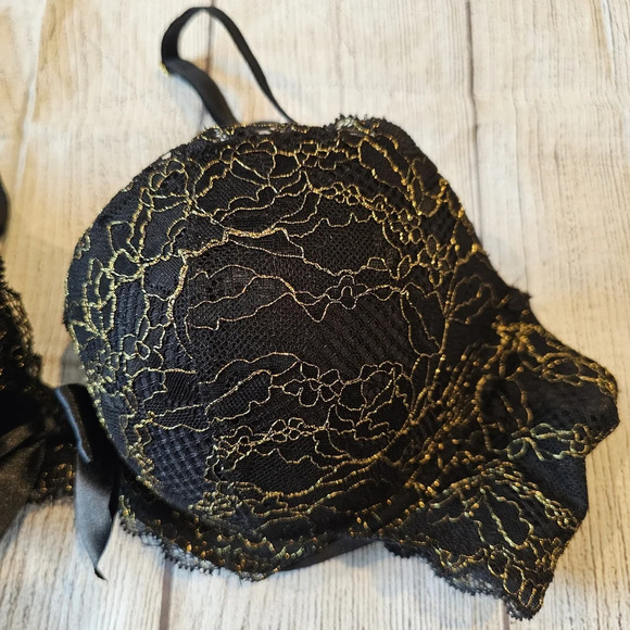 Aerie •Size 34C• Limited Edition Black Gold Underwire Lace Bra w/ Bow Accent - Picture 2 of 7